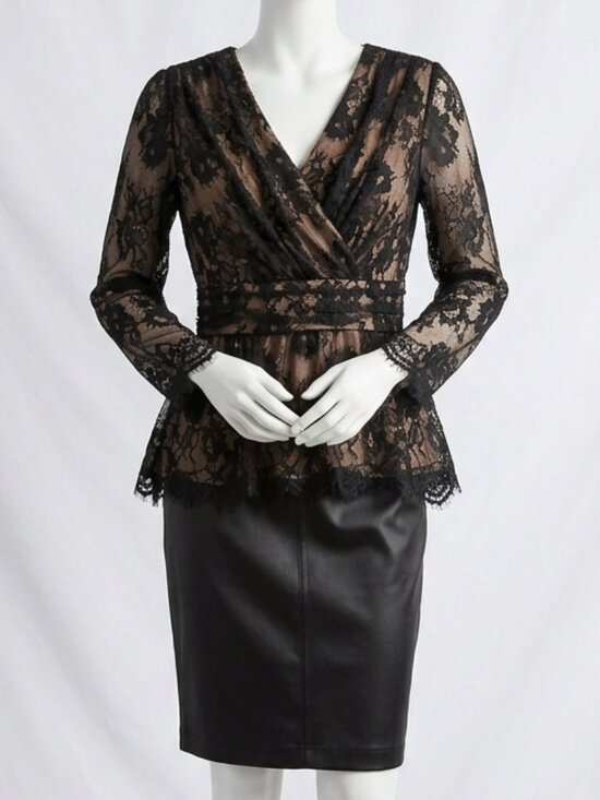 Tadashi Shoji Tops - NWT Tadashi Shoji Vintage Black Lace Peplum Top & Leather Skirt Set Size 10